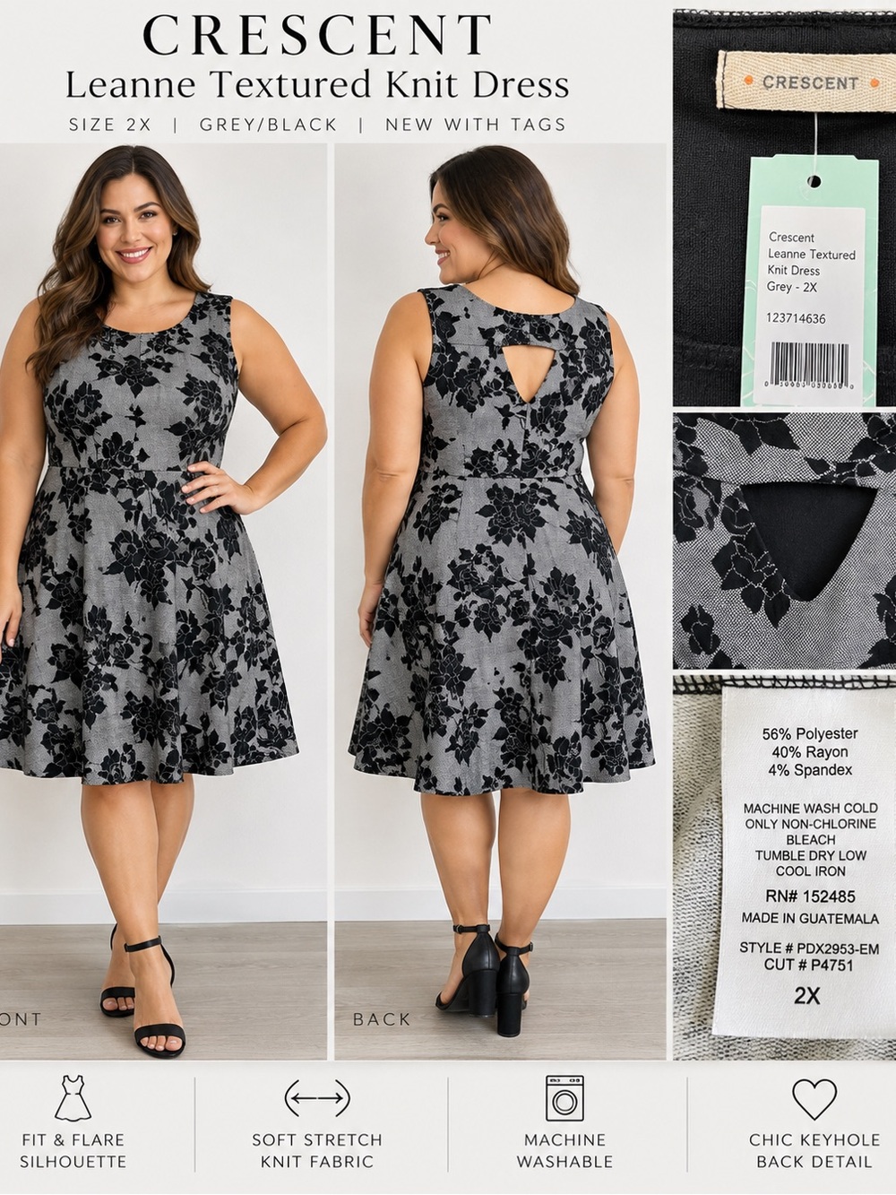 Crescent Grey and Black Floral Fit-and-Flare Midi Dress